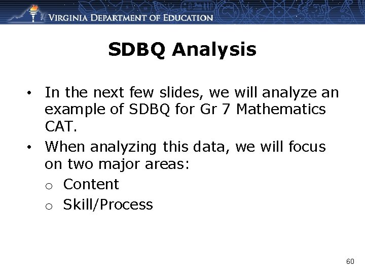 SDBQ Analysis • In the next few slides, we will analyze an example of