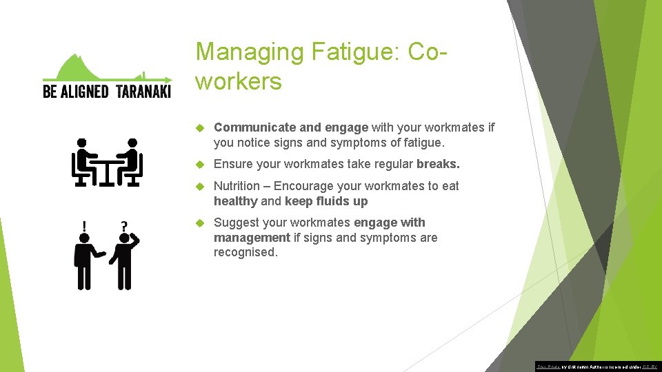 Managing Fatigue: Coworkers Communicate and engage with your workmates if you notice signs and