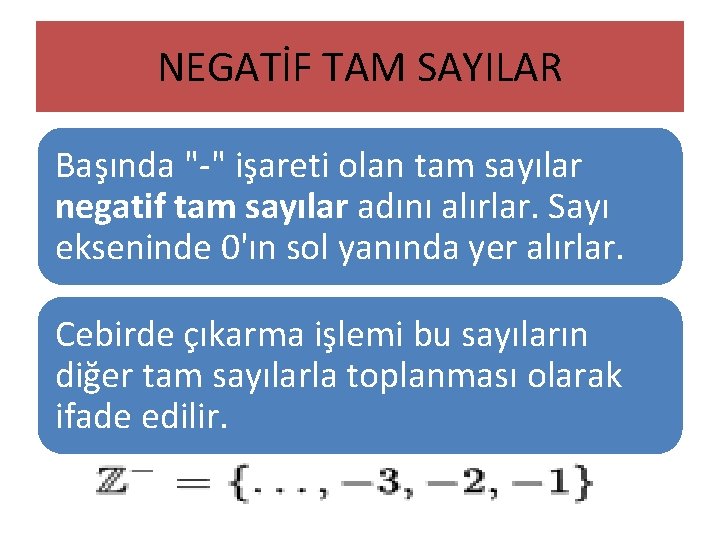 NEGATİF TAM SAYILAR Başında "-" işareti olan tam sayılar negatif tam sayılar adını alırlar.