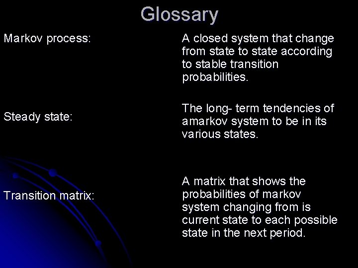 Glossary Markov process: Steady state: Transition matrix: A closed system that change from state