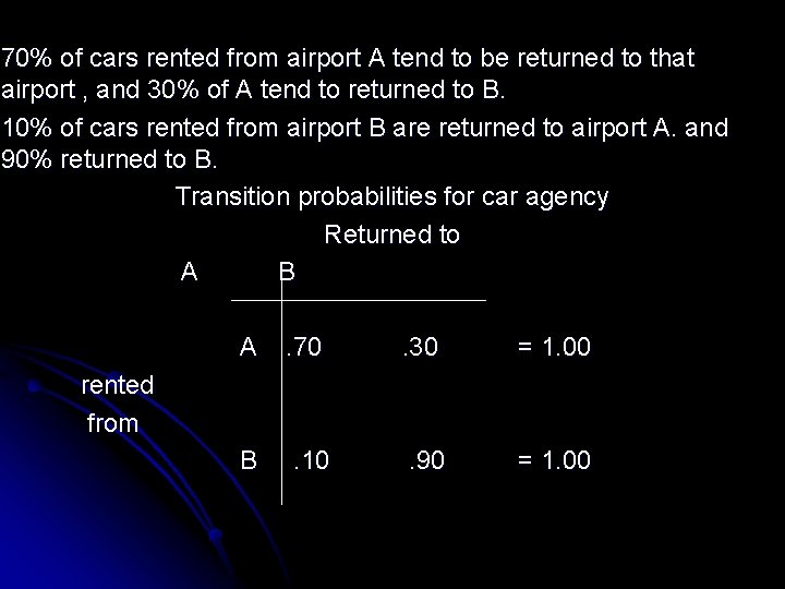 70% of cars rented from airport A tend to be returned to that airport