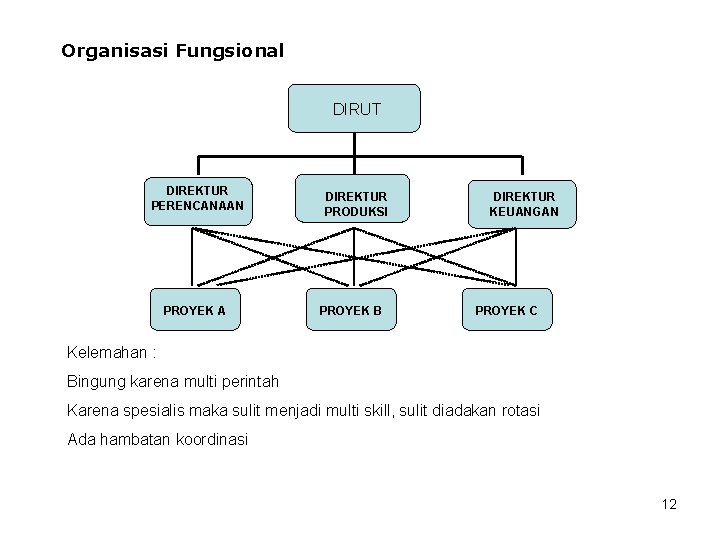 Organisasi Fungsional DIRUT DIREKTUR PERENCANAAN PROYEK A DIREKTUR PRODUKSI PROYEK B DIREKTUR KEUANGAN PROYEK