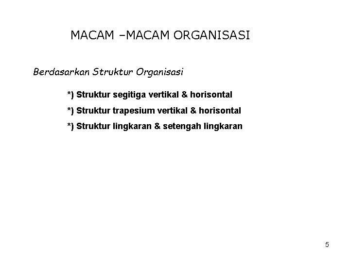 MACAM –MACAM ORGANISASI Berdasarkan Struktur Organisasi *) Struktur segitiga vertikal & horisontal *) Struktur