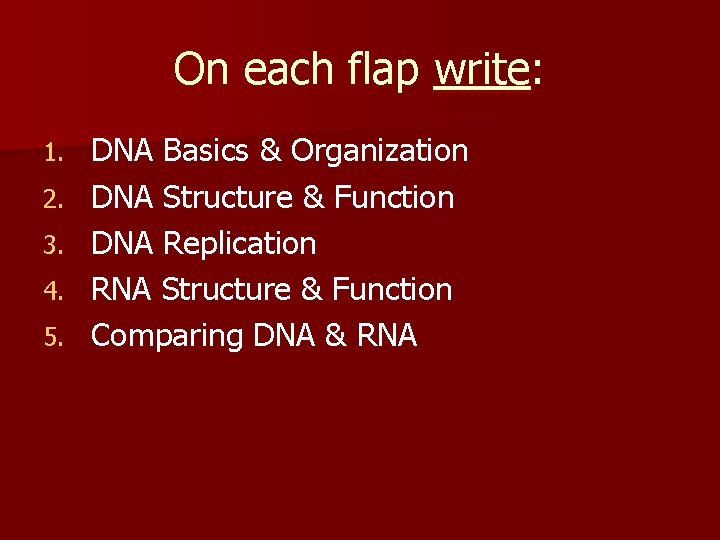 On each flap write: 1. 2. 3. 4. 5. DNA Basics & Organization DNA