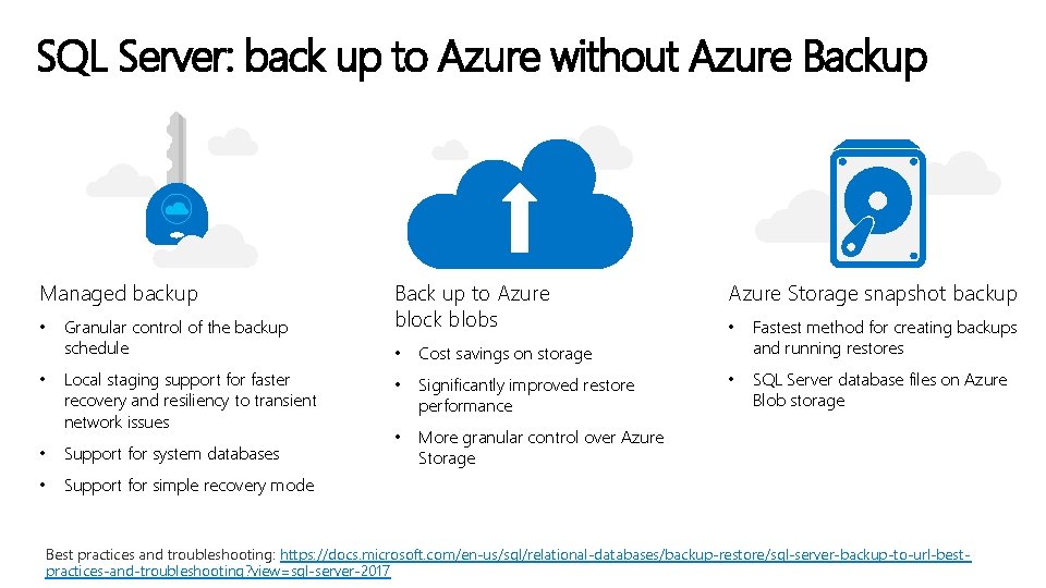 SQL Server: back up to Azure without Azure Backup Managed backup • • Granular