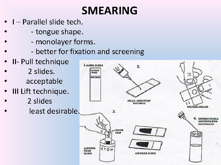 SMEARING • I – Parallel slide tech. • - tongue shape. • - monolayer