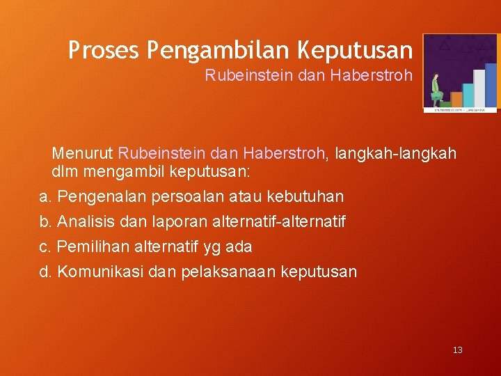 Proses Pengambilan Keputusan Rubeinstein dan Haberstroh Menurut Rubeinstein dan Haberstroh, langkah-langkah dlm mengambil keputusan: