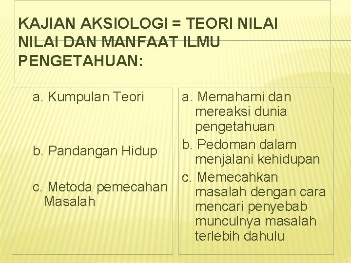 KAJIAN AKSIOLOGI = TEORI NILAI DAN MANFAAT ILMU PENGETAHUAN: a. Kumpulan Teori b. Pandangan