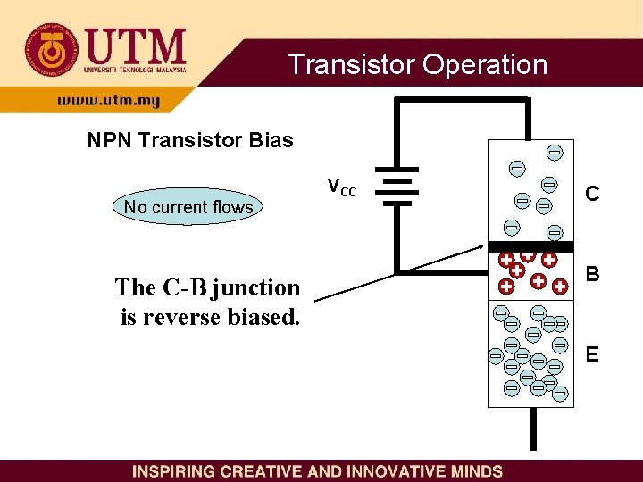 Transistor Operation NPN Transistor Bias No current flows The C-B junction is reverse biased. Transistor Operation NPN Transistor Bias No current flows The C-B junction is reverse biased.