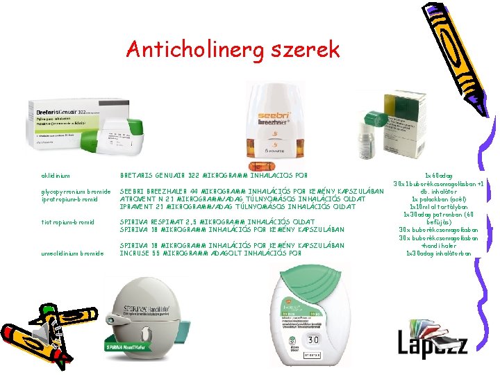 Anticholinerg szerek aklidinium BRETARIS GENUAIR 322 MIKROGRAMM INHALÁCIÓS POR glycopyrronium bromide ipratropium-bromid SEEBRI BREEZHALER