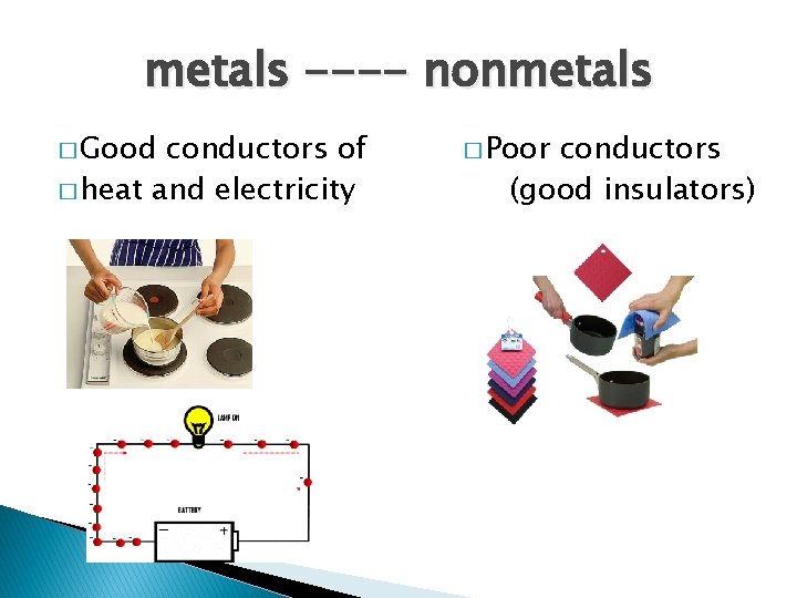 metals ---- nonmetals � Good conductors of � heat and electricity � Poor conductors