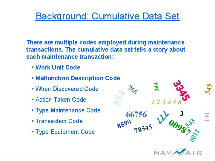 Background: Cumulative Data Set There are multiple codes employed during maintenance transactions. The cumulative