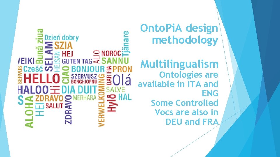 Onto. Pi. A design methodology Multilingualism Ontologies are available in ITA and ENG Some