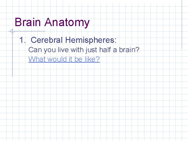 Brain Anatomy 1. Cerebral Hemispheres: Can you live with just half a brain? What
