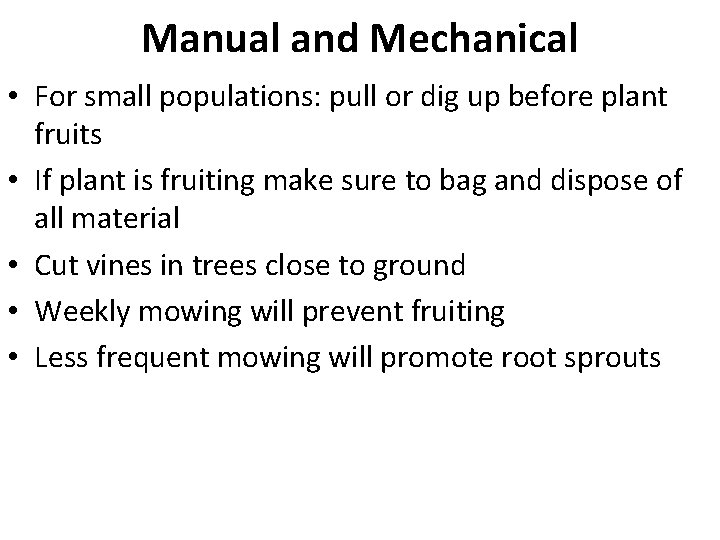 Manual and Mechanical • For small populations: pull or dig up before plant fruits