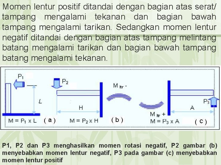 Momen lentur positif ditandai dengan bagian atas serat/ tampang mengalami tekanan dan bagian bawah