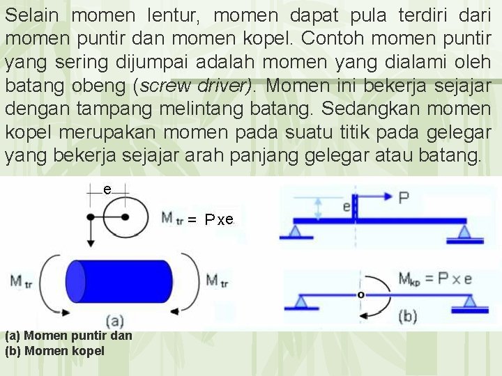 Selain momen lentur, momen dapat pula terdiri dari momen puntir dan momen kopel. Contoh