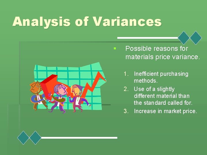 Analysis of Variances § Possible reasons for materials price variance. 1. Inefficient purchasing methods.