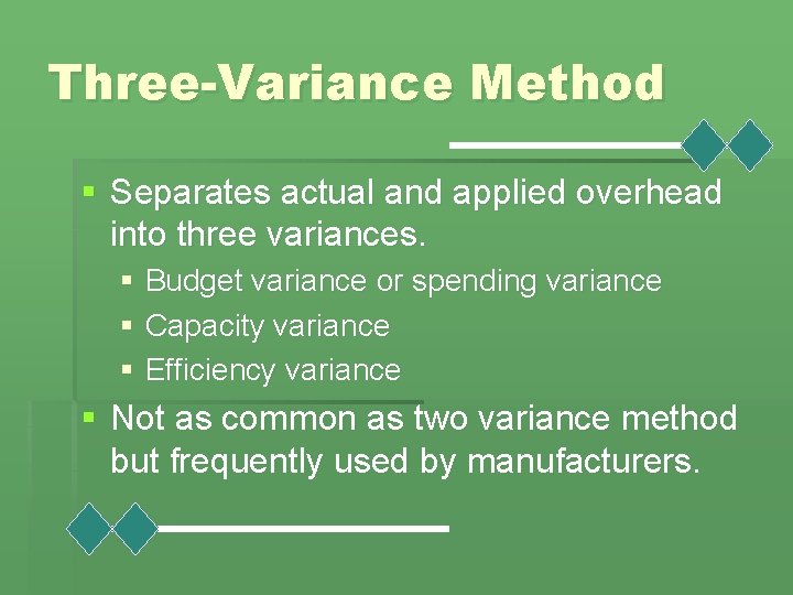 Three-Variance Method § Separates actual and applied overhead into three variances. § Budget variance