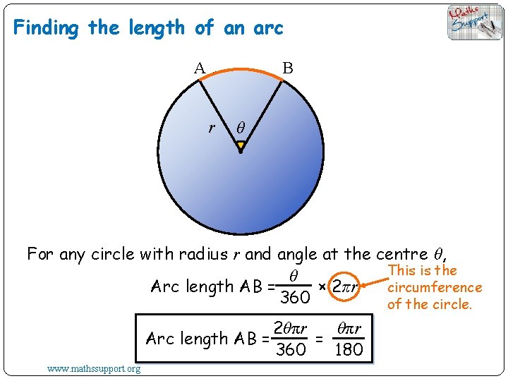 Finding the length of an arc A B r θ For any circle with