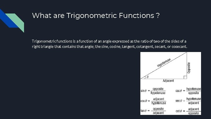 What are Trigonometric Functions ? Trigonometric functions is a function of an angle expressed