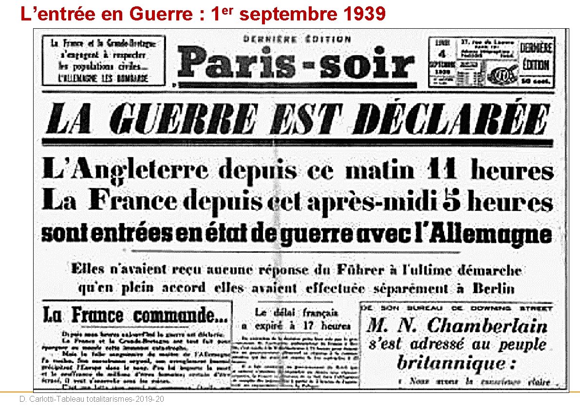 L’entrée en Guerre : 1 er septembre 1939 Invasion de la Pologne, le 1