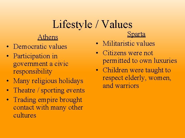 Lifestyle / Values • • • Athens Democratic values Participation in government a civic