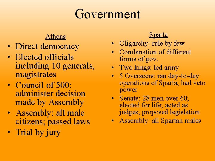 Government Athens • Direct democracy • Elected officials including 10 generals, magistrates • Council