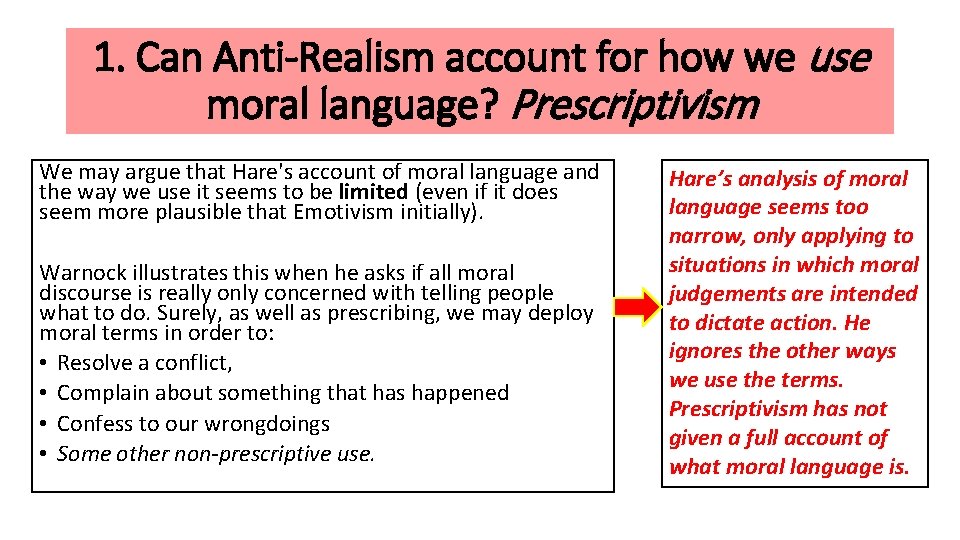 1. Can Anti-Realism account for how we use moral language? Prescriptivism We may argue