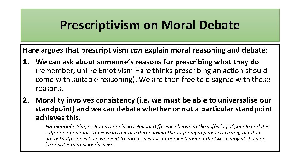 Prescriptivism on Moral Debate Hare argues that prescriptivism can explain moral reasoning and debate:
