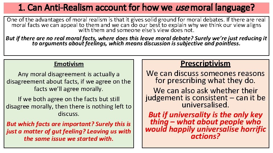 1. Can Anti-Realism account for how we use moral language? One of the advantages