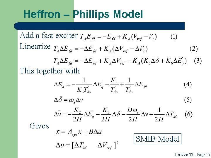 Heffron – Phillips Model Add a fast exciter Linearize This together with Gives SMIB