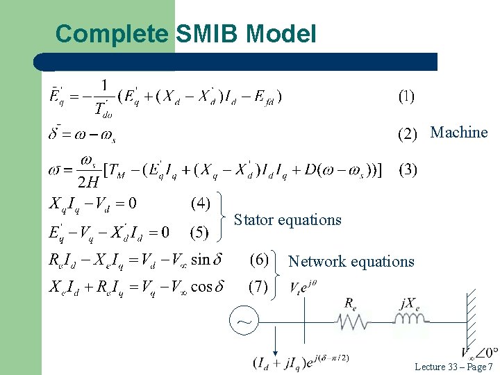 Complete SMIB Model Machine Stator equations Network equations ~ Lecture 33 – Page 7