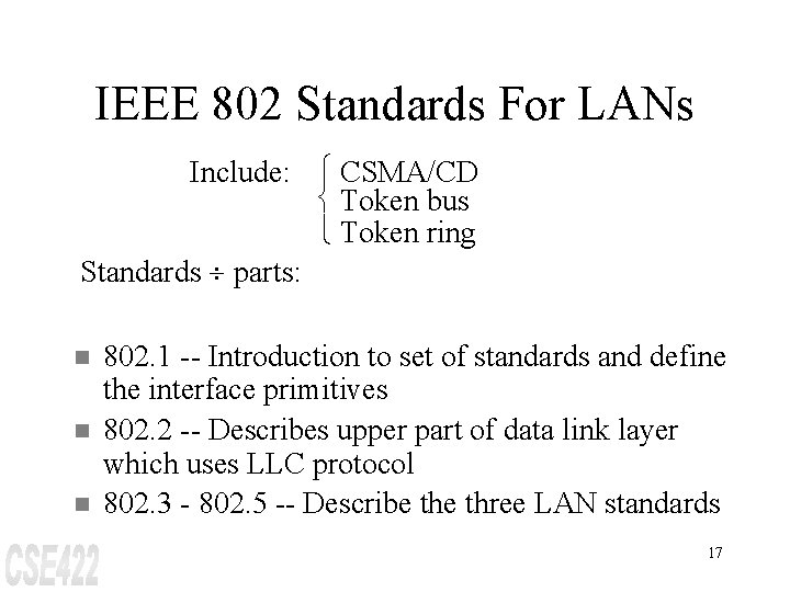 IEEE 802 Standards For LANs Include: ì CSMA/CD í Token bus î Token ring
