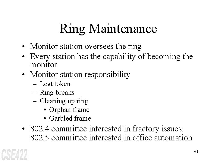 Ring Maintenance • Monitor station oversees the ring • Every station has the capability
