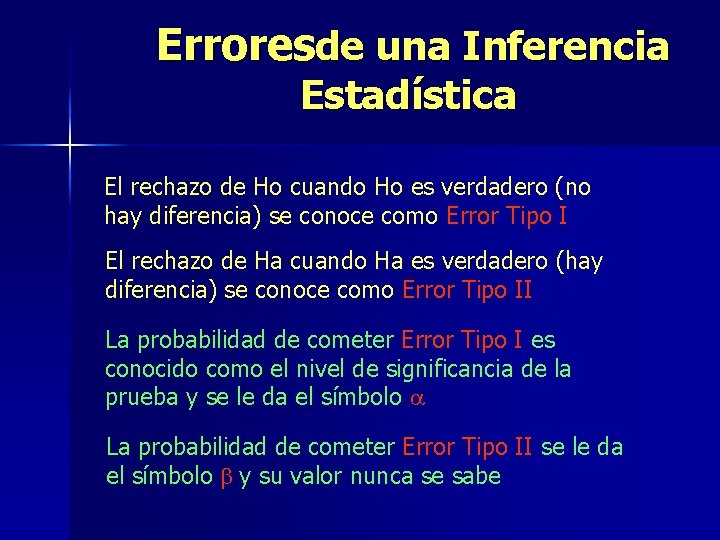 Erroresde una Inferencia Estadística El rechazo de Ho cuando Ho es verdadero (no hay