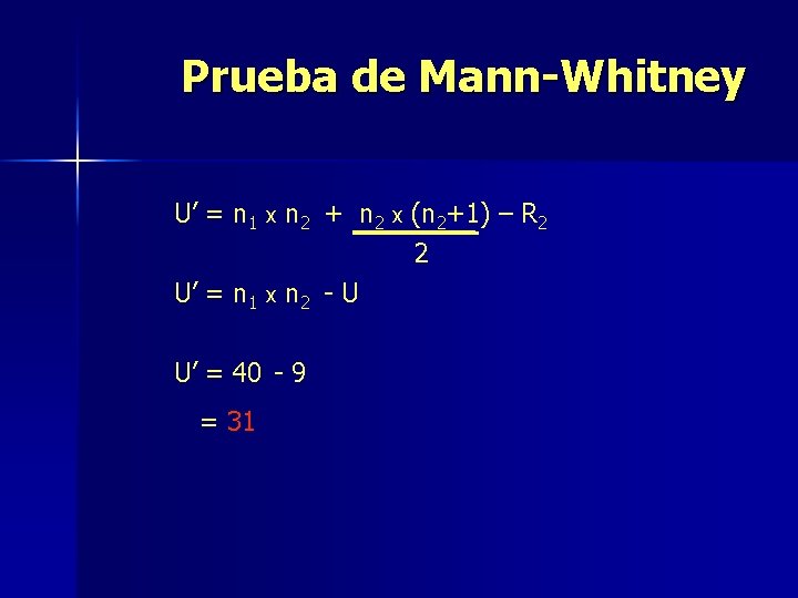 Prueba de Mann-Whitney U’ = n 1 x n 2 + n 2 x