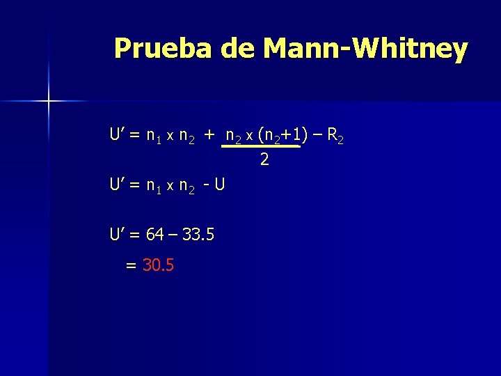 Prueba de Mann-Whitney U’ = n 1 x n 2 + n 2 x