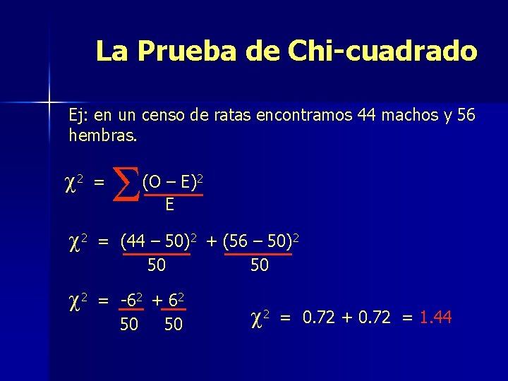 La Prueba de Chi-cuadrado Ej: en un censo de ratas encontramos 44 machos y