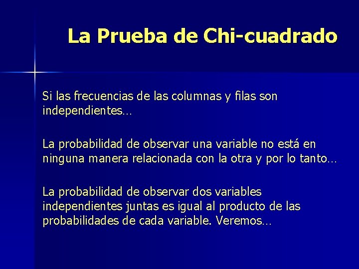 La Prueba de Chi-cuadrado Si las frecuencias de las columnas y filas son independientes…