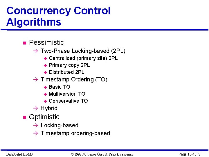 Concurrency Control Algorithms Pessimistic Two-Phase Locking-based (2 PL) Centralized (primary site) 2 PL Primary