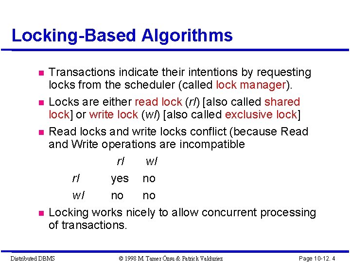 Locking-Based Algorithms Transactions indicate their intentions by requesting locks from the scheduler (called lock
