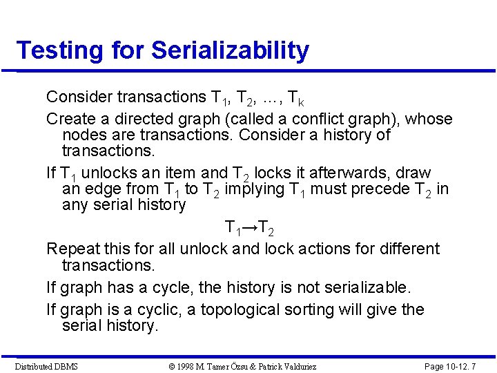 Testing for Serializability Consider transactions T 1, T 2, …, Tk Create a directed