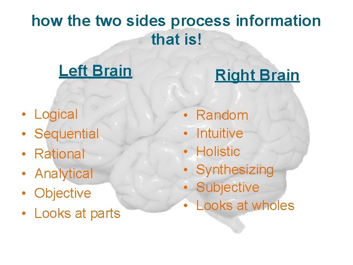 how the two sides process information that is! Left Brain • • • Logical