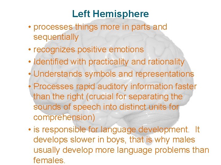 Left Hemisphere • processes things more in parts and sequentially • recognizes positive emotions