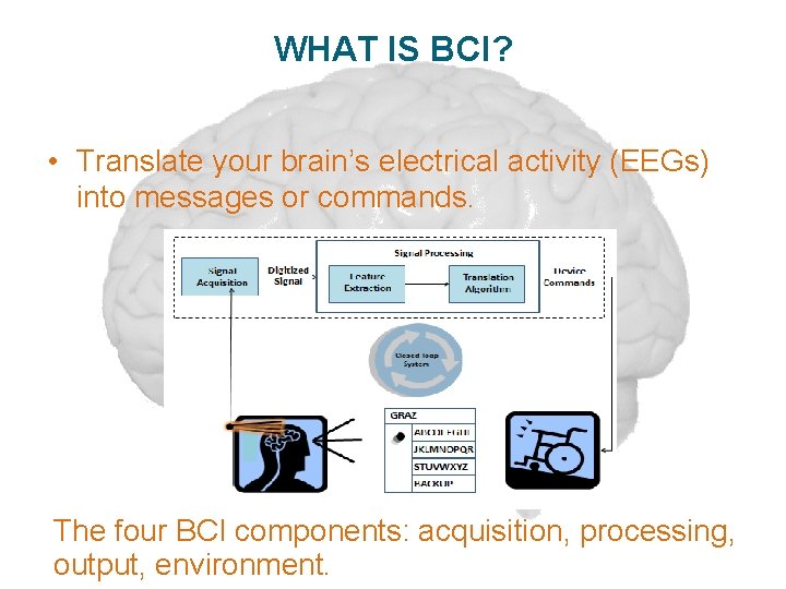 WHAT IS BCI? • Translate your brain’s electrical activity (EEGs) into messages or commands.