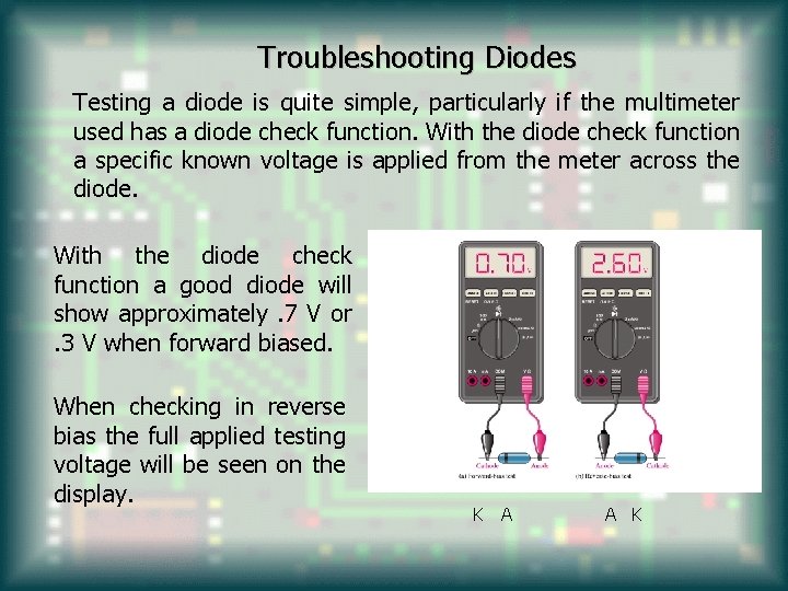 Troubleshooting Diodes Testing a diode is quite simple, particularly if the multimeter used has