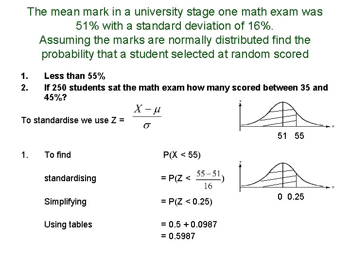 The mean mark in a university stage one math exam was 51% with a