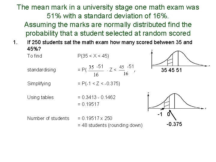 The mean mark in a university stage one math exam was 51% with a