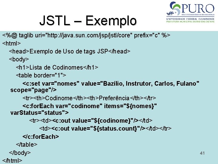 JSTL – Exemplo <%@ taglib uri="http: //java. sun. com/jsp/jstl/core" prefix="c" %> <html> <head>Exemplo de
